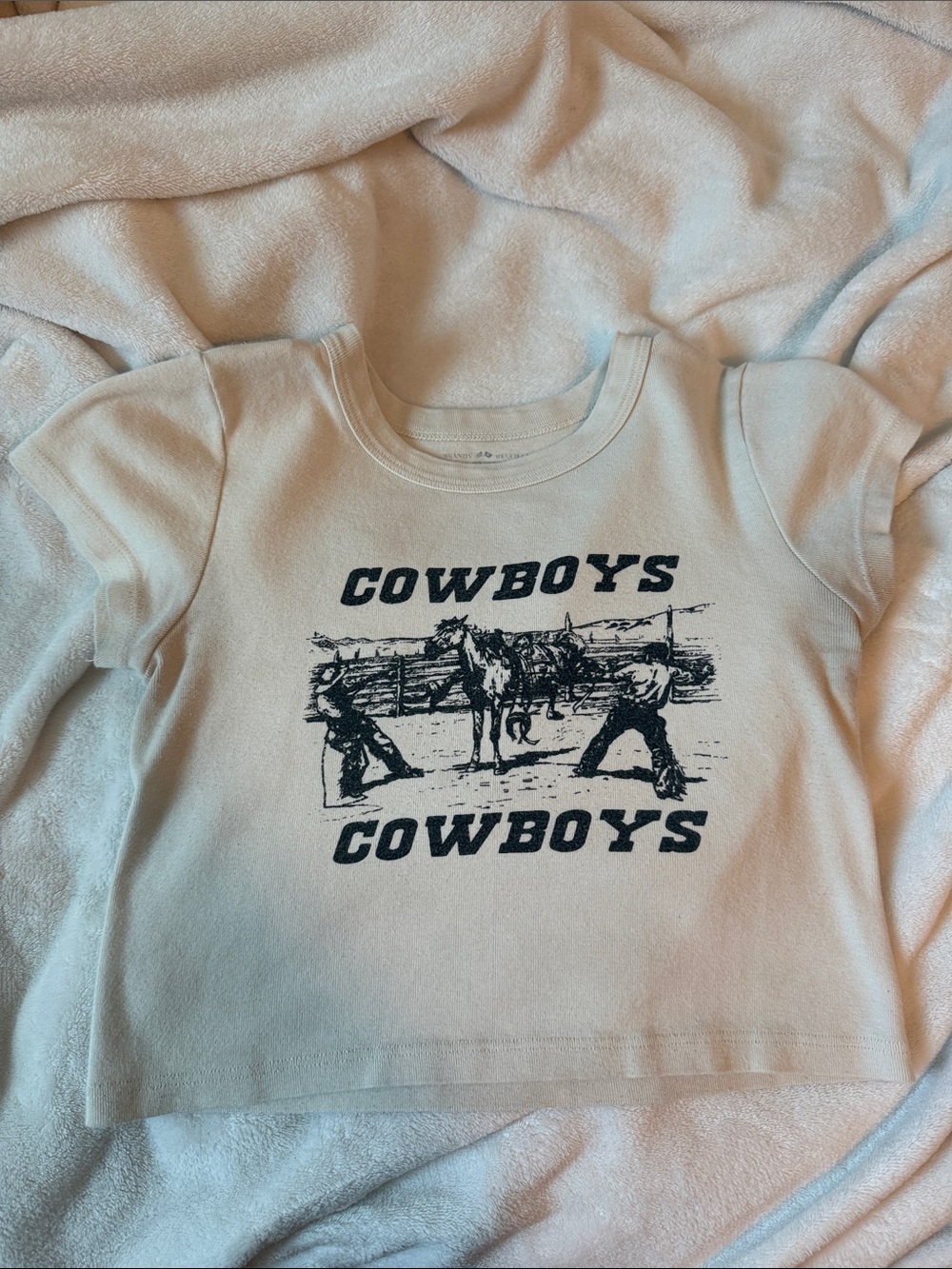 Brandy Melville Cream Cowboys Graphic Crop Tee